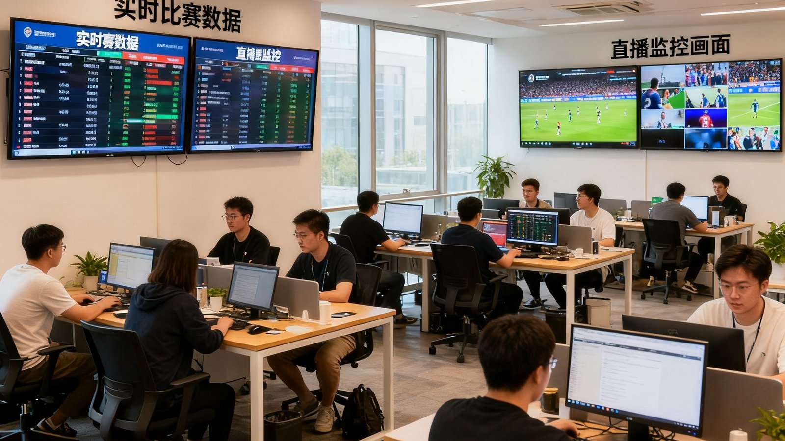 球探体育北京总部开放式办公区实拍，数十名员工在宽敞明亮的空间中工作，墙面上挂着多块大屏幕显示实时比赛数据和直播监控画面，展现了一家快速成长的体育科技公司的日常工作氛围