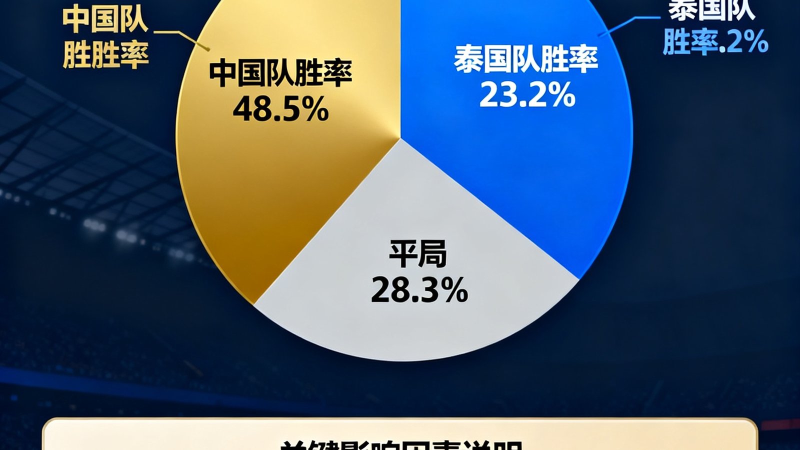 中国队对阵泰国队的AI胜平负概率预测饼图，中国队胜率48.5%以金色扇形突出显示，平局28.3%，泰国队胜率23.2%，图表下方附有关键影响因素说明